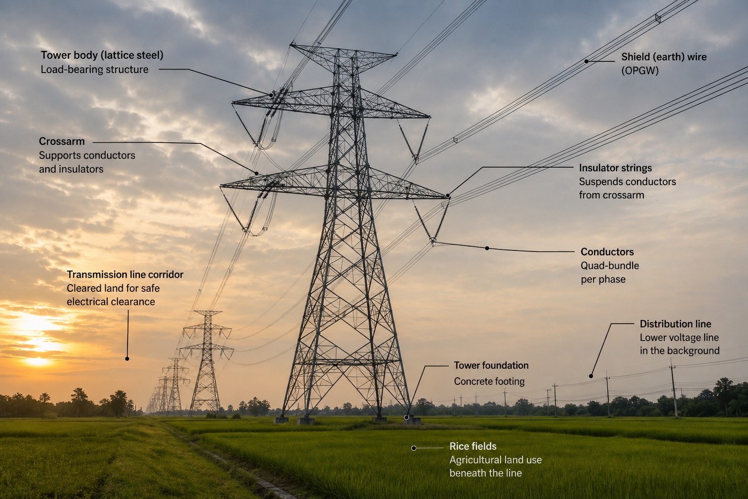 เสาส่งไฟฟ้าแรงสูง 500 kV ข้ามทุ่งนา