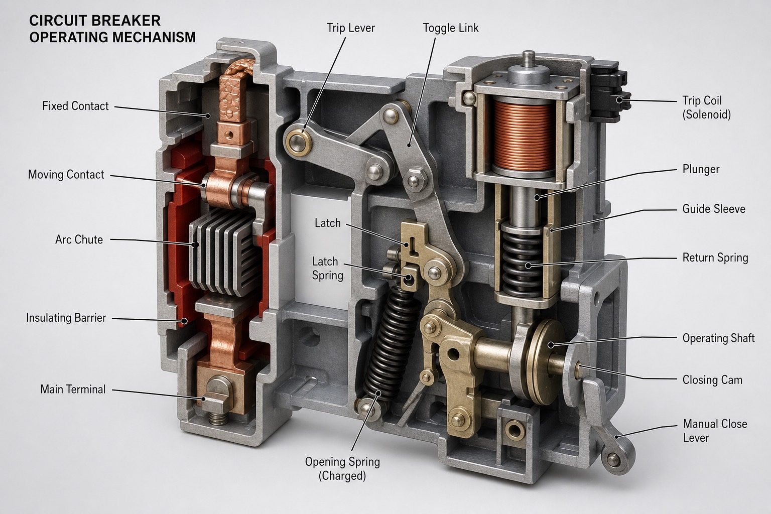 ภาพตัดขวางกลไกการทำงานของ circuit breaker แสดง trip coil
