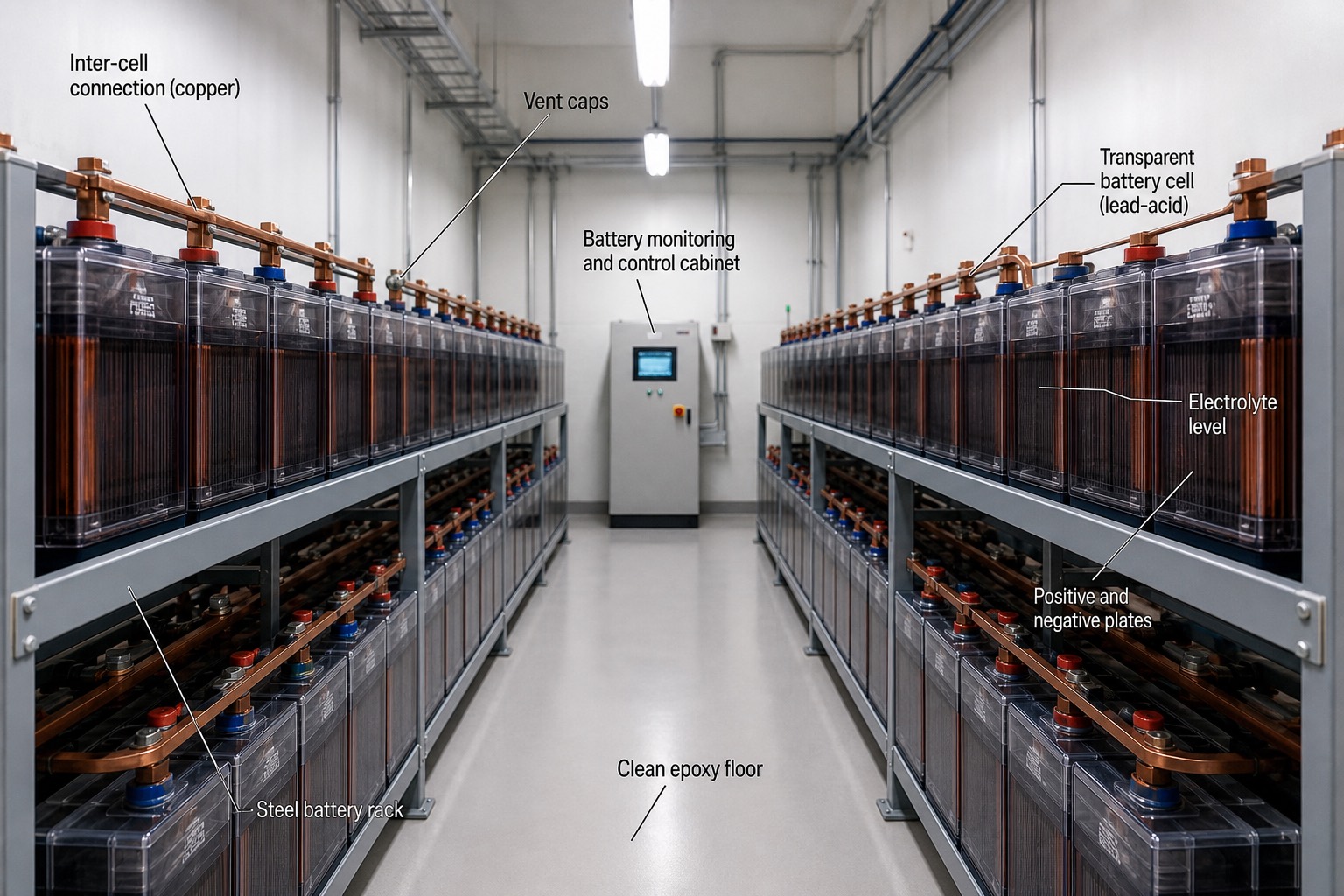 ห้องแบตเตอรี่สถานีไฟฟ้า แถวเซลล์ lead-acid