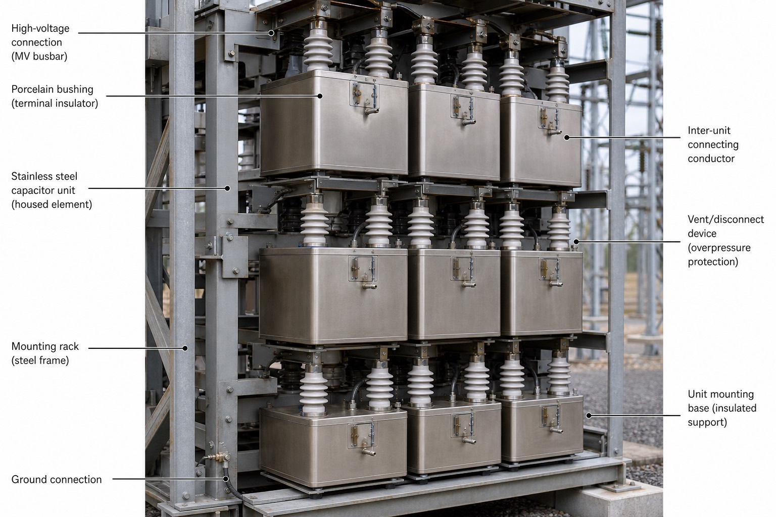 ตัวเก็บประจุกำลังใน capacitor bank กลางแจ้ง