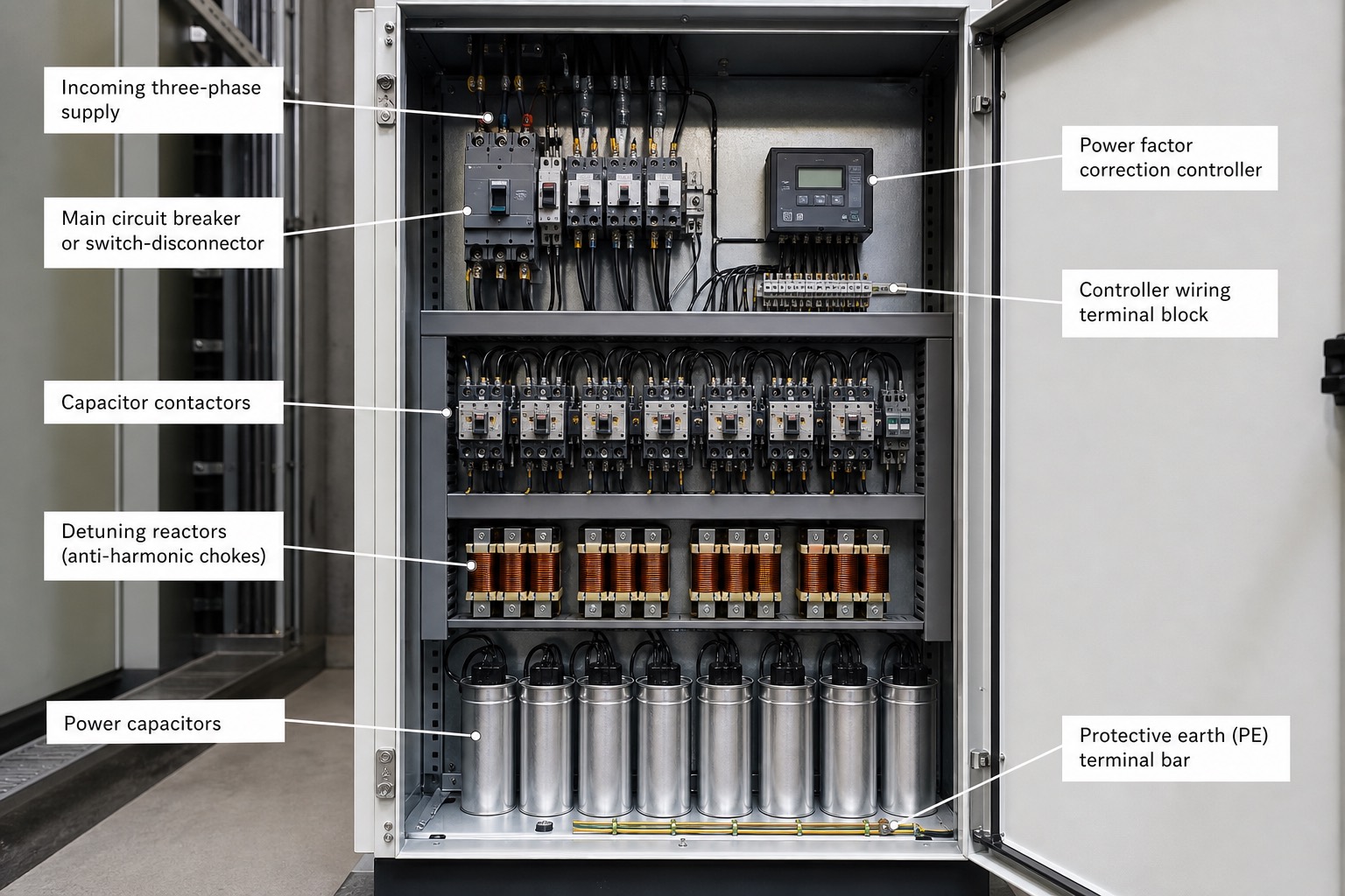 ตู้ capacitor อัตโนมัติแรงต่ำเปิดแสดงส่วนประกอบภายใน
