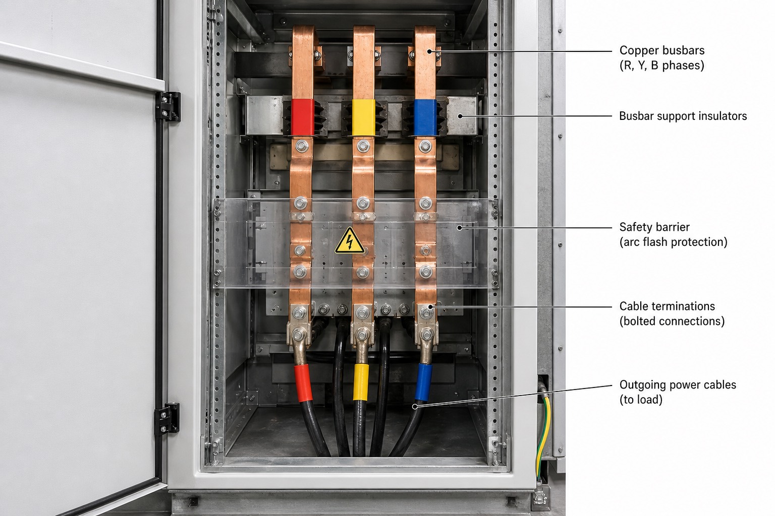 บัสบาร์ทองแดงสามเฟสภายในตู้ switchgear แรงต่ำ