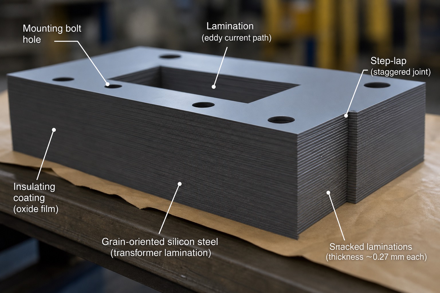 แผ่นเหล็ก CRGO silicon steel ซ้อนกันเป็นแท่งสี่เหลี่ยม แสดงความหนาของแผ่นและรอยต่อแบบ step-lap