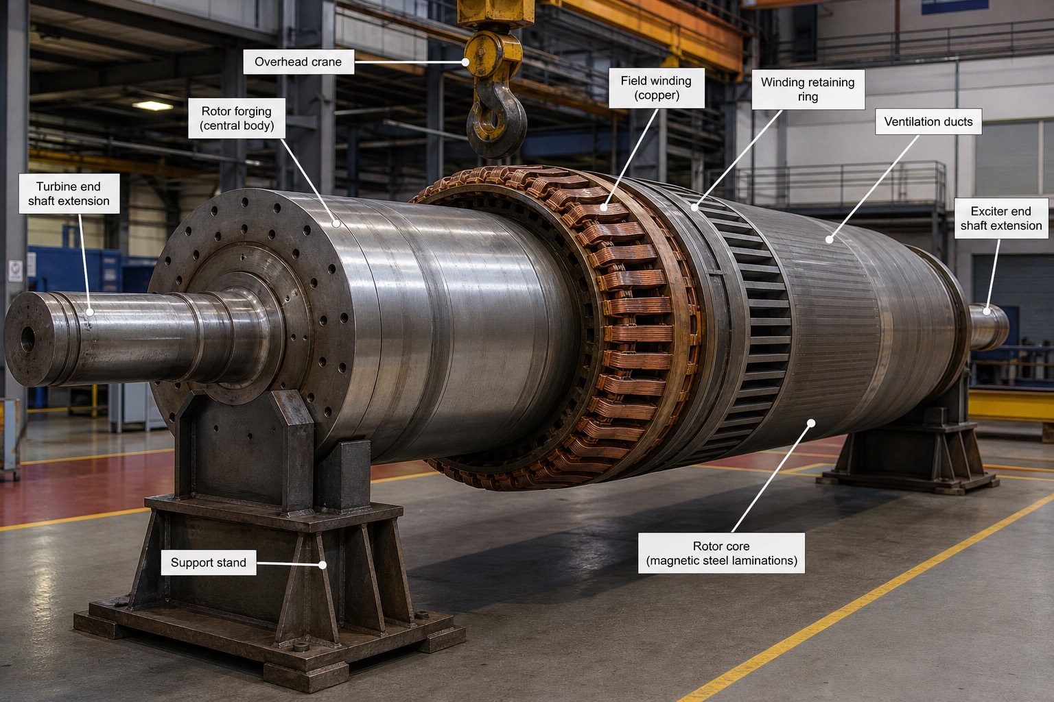 rotor ของเครื่องกำเนิดไฟฟ้าถอดออกจากสเตเตอร์ วางบนขาตั้ง มองเห็นขดลวด field winding และวงแหวนยึด