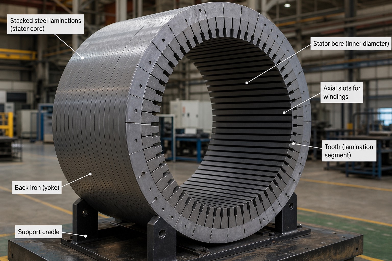 แกน stator ของเครื่องจักรไฟฟ้าขนาดใหญ่ ประกอบจากแผ่นเหล็กลามิเนตเป็นวงแหวน มองเห็นร่องวางขดลวดรอบเส้นผ่านศูนย์กลางด้านใน