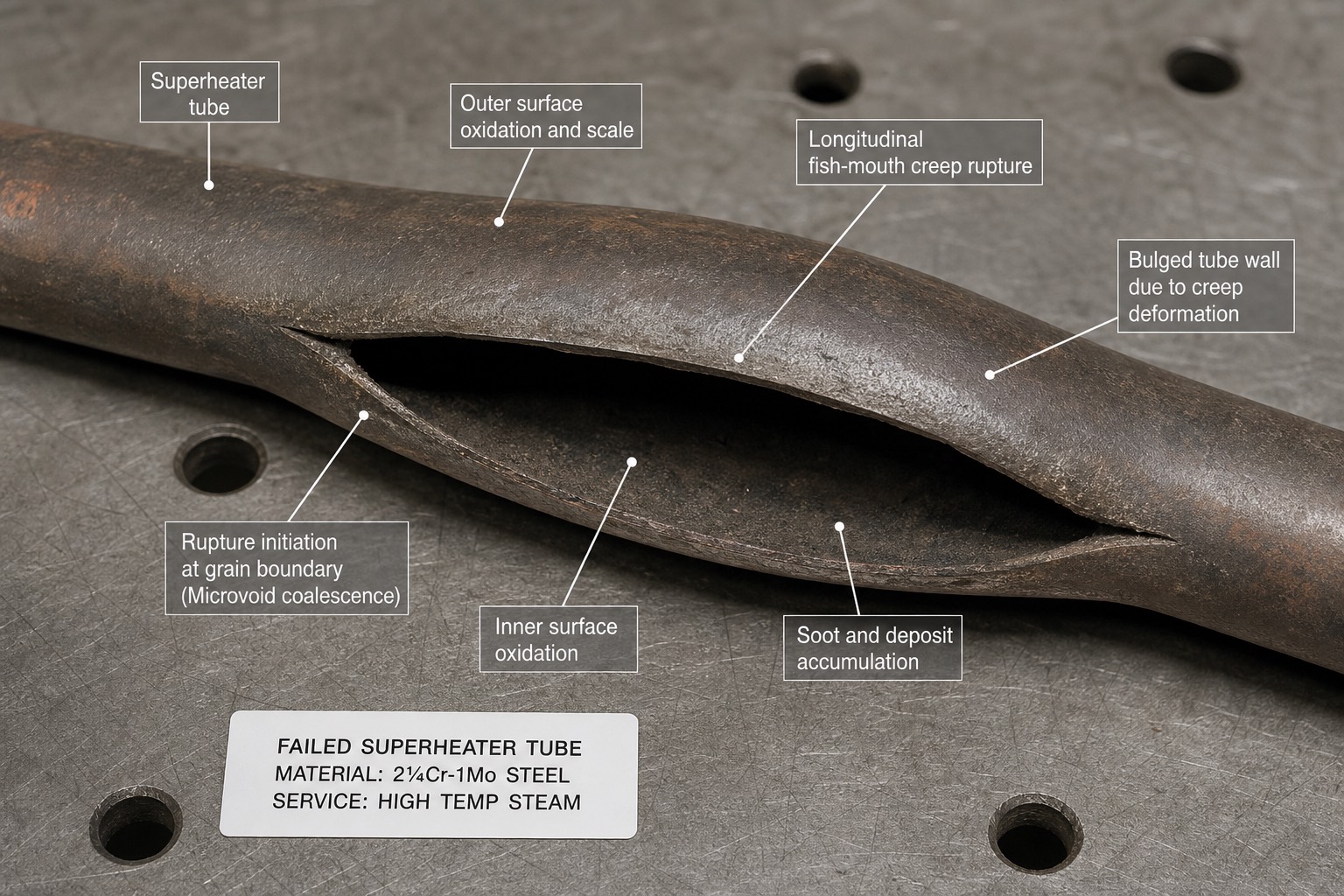 ท่อ superheater ที่พังจาก long-term creep วางบนโต๊ะตรวจสอบ ปากแตกอ้ารูป fish-mouth และผนังท่อบวม
