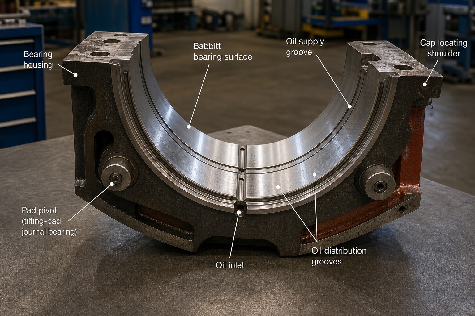 กาบล่างของ journal bearing turbine วางบนโต๊ะซ่อมบำรุง เห็นผิว babbitt และร่องน้ำมัน