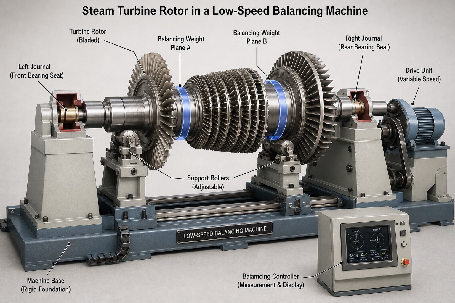 rotor turbine ติดใบพัดครบชุดวางอยู่บนเครื่อง low-speed balancing machine พร้อมชุดควบคุมแสดงผล