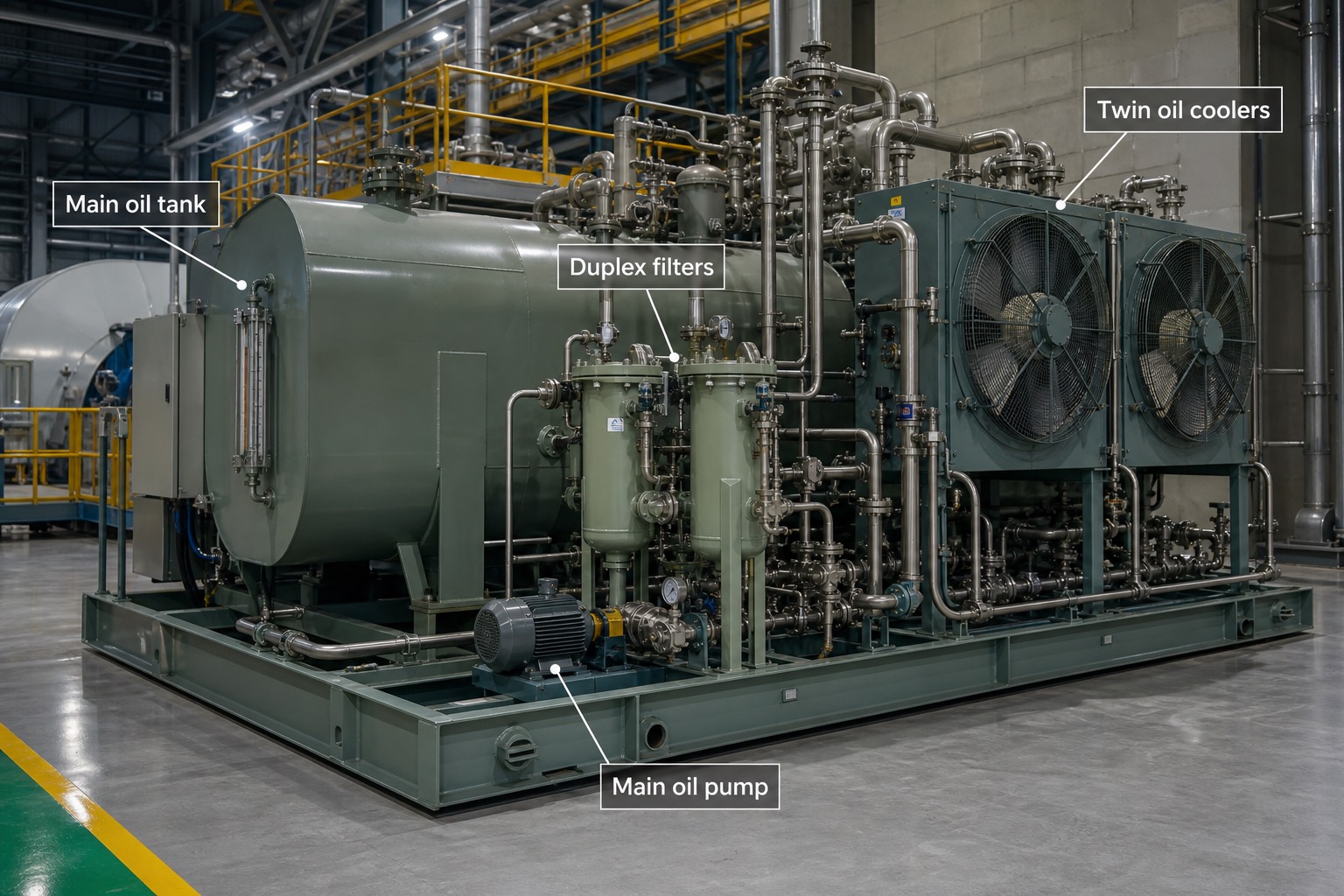 ระบบ lube oil skid ของ turbine ในโรงไฟฟ้า มีถังน้ำมันหลัก duplex filter และ oil cooler คู่