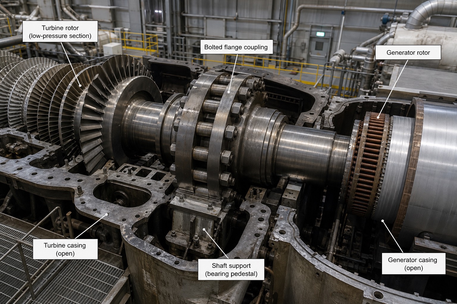 เพลา turbine-generator เปิดฝาเครื่องออก มองเห็น coupling หน้าแปลนสลักเกลียวเชื่อมต่อระหว่าง rotor สองท่อน