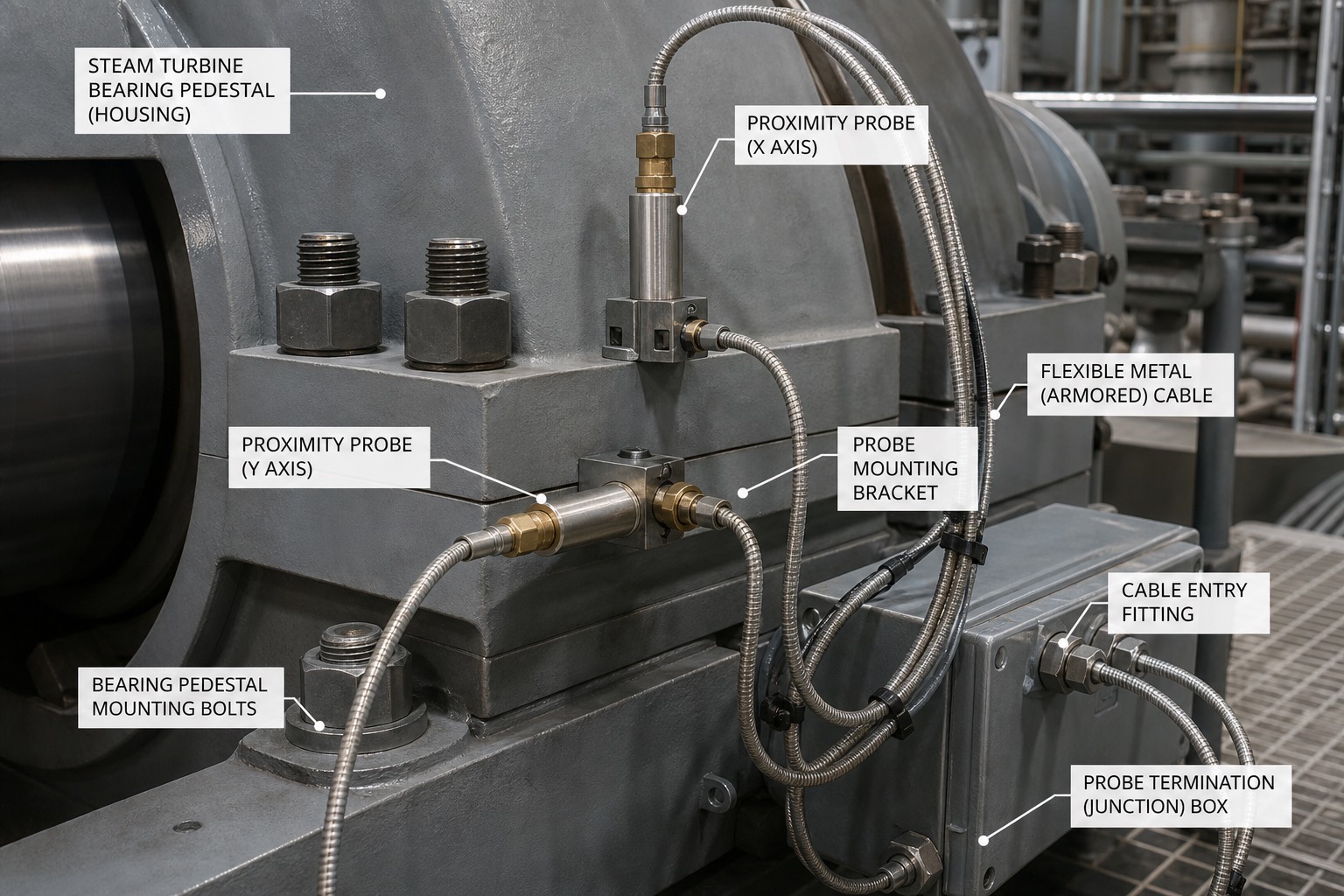 proximity probe วัด shaft vibration ติดตั้งที่ bearing pedestal ของ steam turbine เห็นสายหุ้มเกราะและ junction box