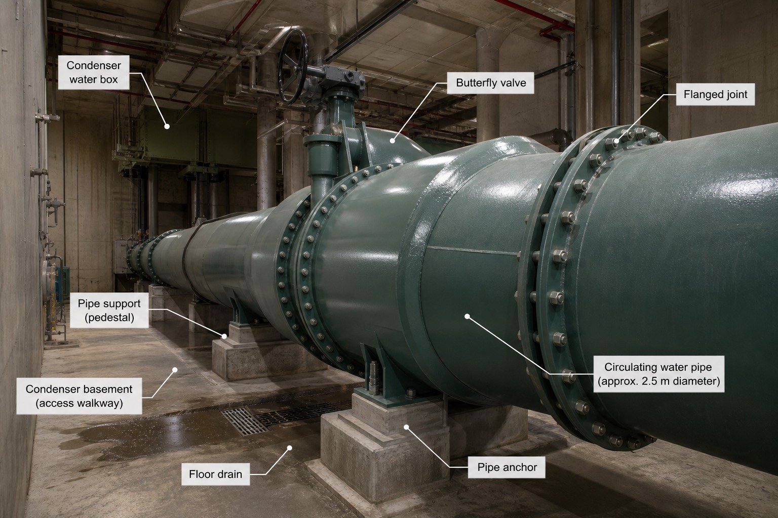 ท่อ circulating water ขนาดใหญ่เส้นผ่านศูนย์กลางประมาณ 2.5 เมตร วางอยู่ในชั้นใต้ดินของ condenser