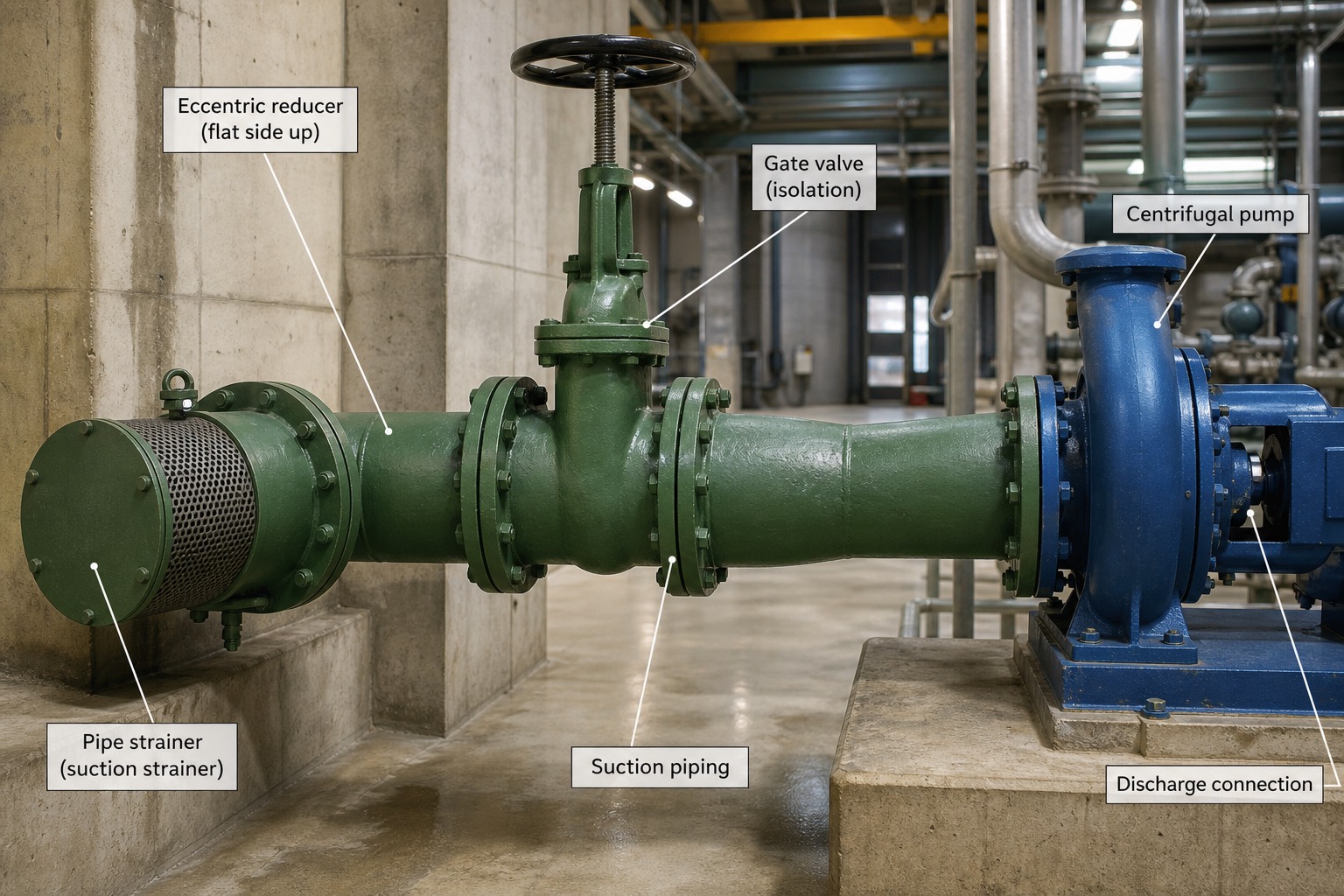 ท่อด้านดูดของปั๊มหอยโข่งพร้อม eccentric reducer, strainer และ gate valve ในโรงไฟฟ้า