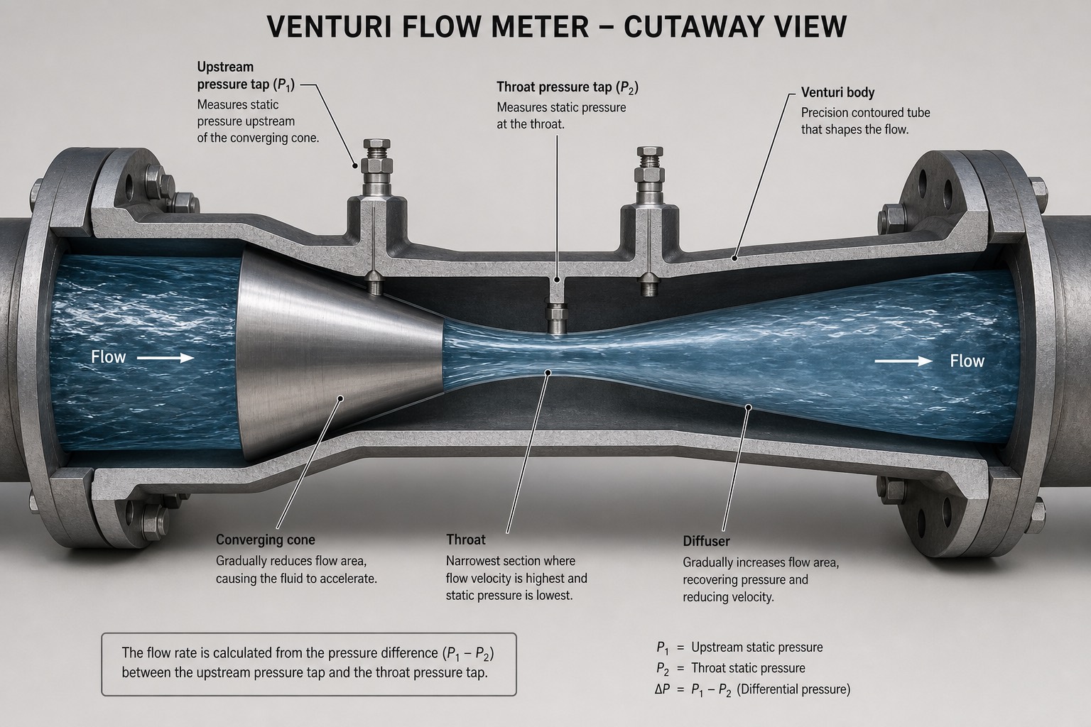 ภาพตัดขวางแสดงหน้าตัดภายในของ venturi flow meter ในท่อน้ำขนาดใหญ่