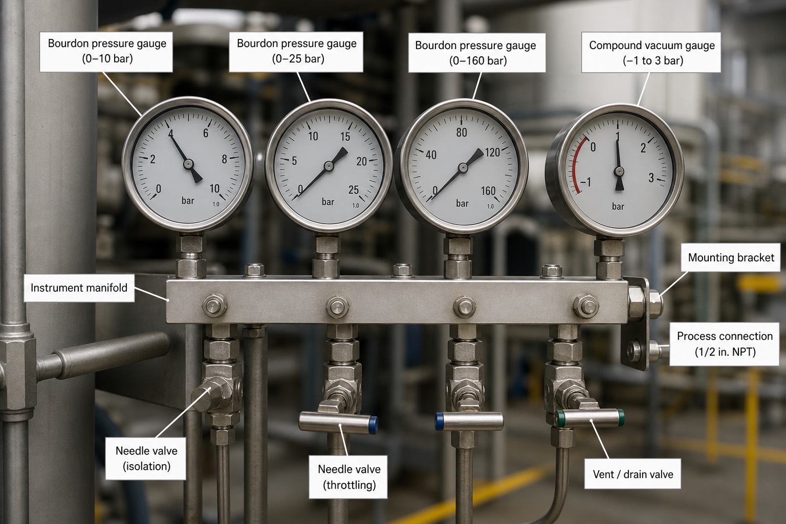 ชุดเกจวัดความดันแบบ bourdon หลายช่วงวัดและ compound vacuum gauge บน instrument manifold