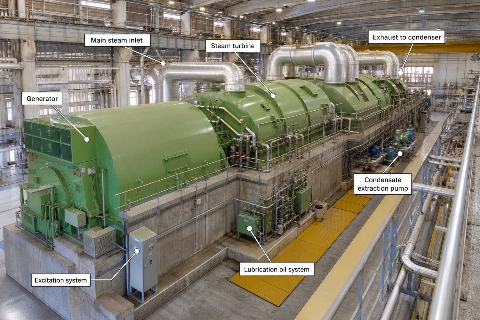 ชุดกังหันไอน้ำและเครื่องกำเนิดไฟฟ้าขนาดใหญ่ในอาคาร turbine hall ของโรงไฟฟ้า