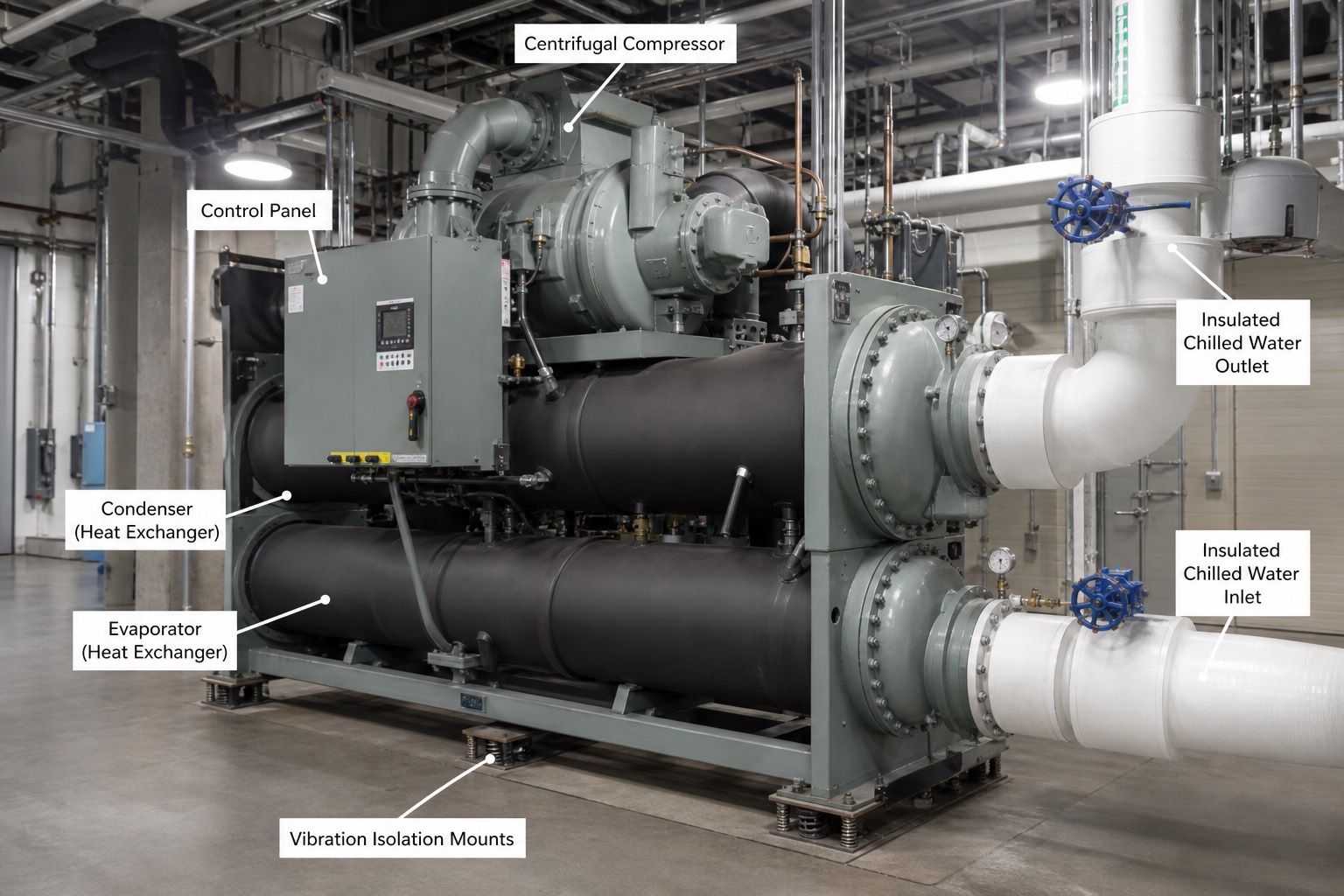 เครื่อง centrifugal chiller ขนาดใหญ่พร้อม compressor, condenser และ evaporator ในห้องเครื่อง
