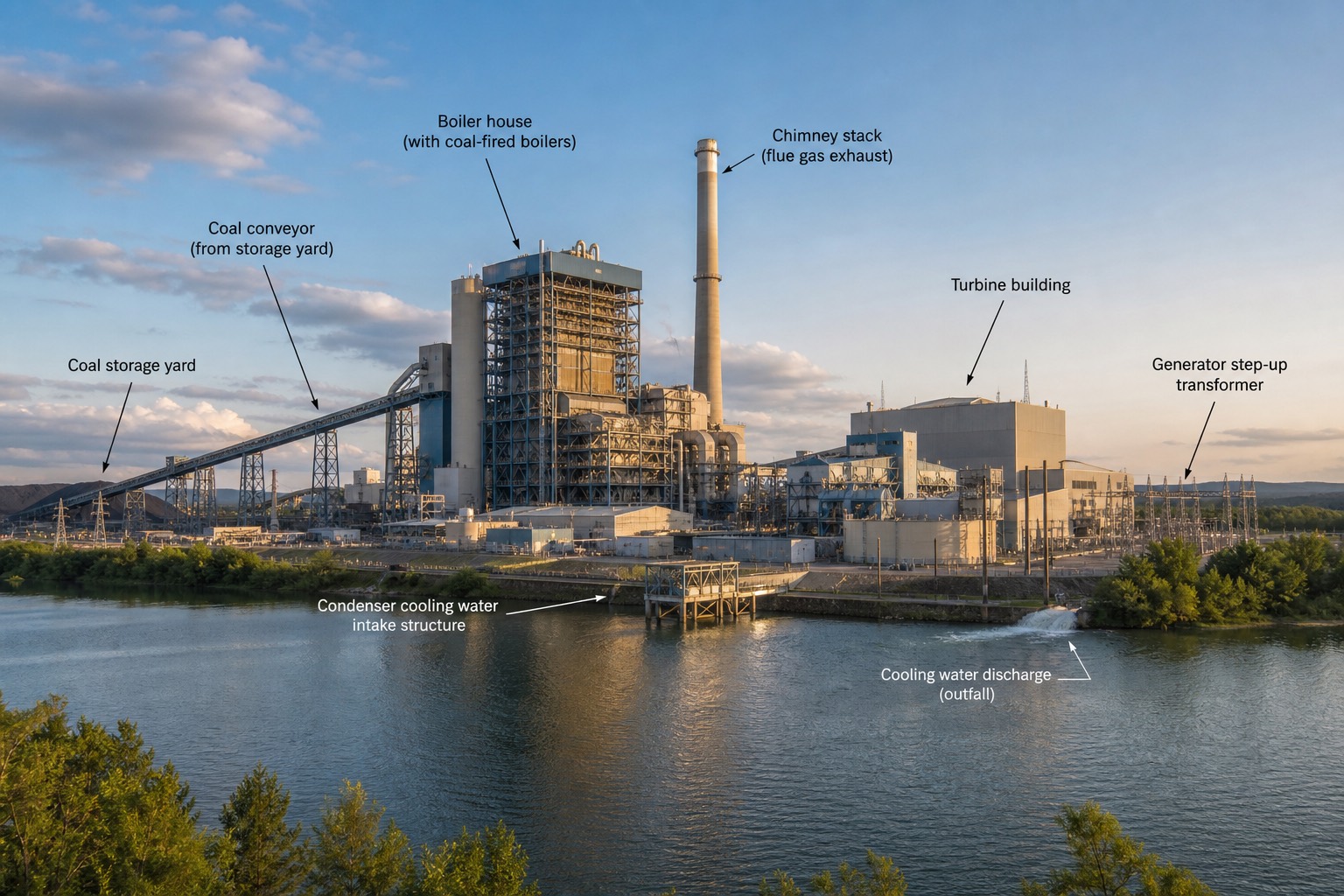 ภาพมุมกว้างโรงไฟฟ้าถ่านหิน แสดงอาคารหม้อไอน้ำ ปล่อง อาคาร turbine และแหล่งน้ำ