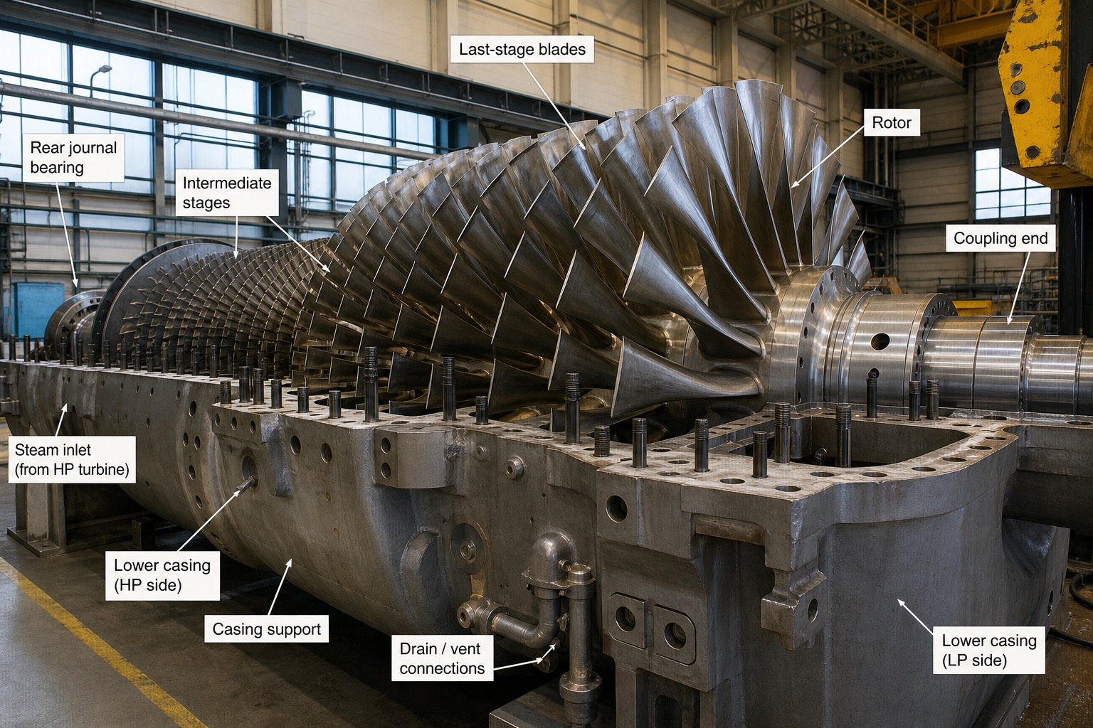 rotor ของ low-pressure steam turbine ที่เปิดฝาออกระหว่างงาน overhaul เห็นใบพัดยาวบิดเกลียวสเตจสุดท้าย