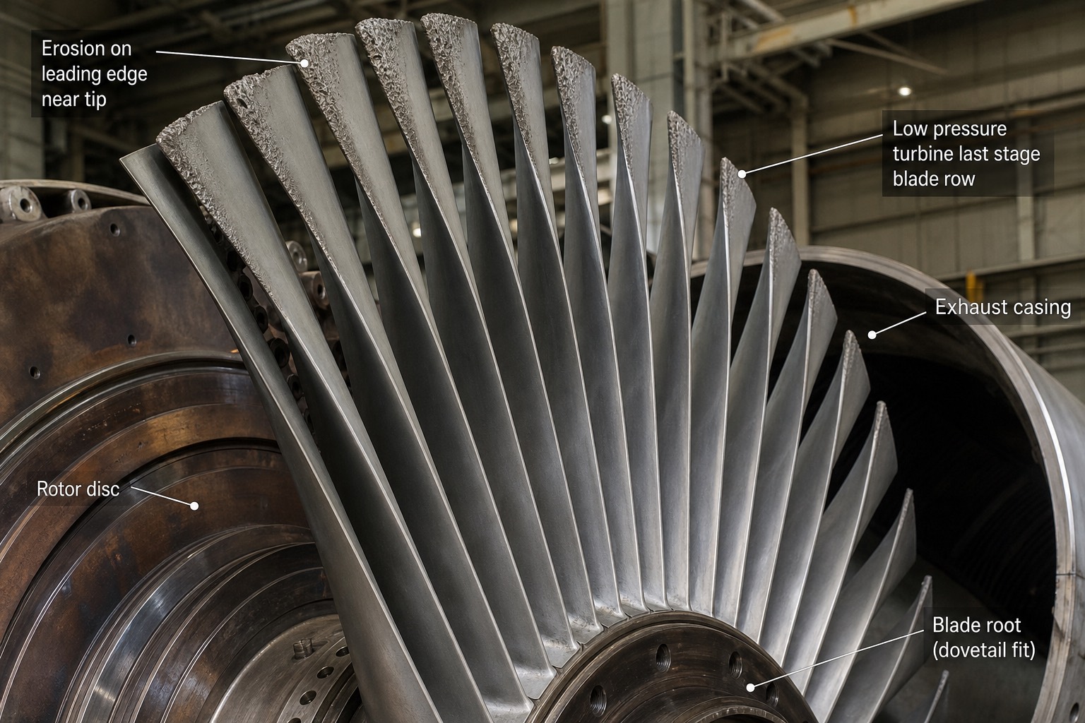 ใบพัดสเตจสุดท้ายของ low pressure turbine ระหว่างงาน overhaul แสดงรอยกัดกร่อนที่ leading edge ใกล้ปลายใบ