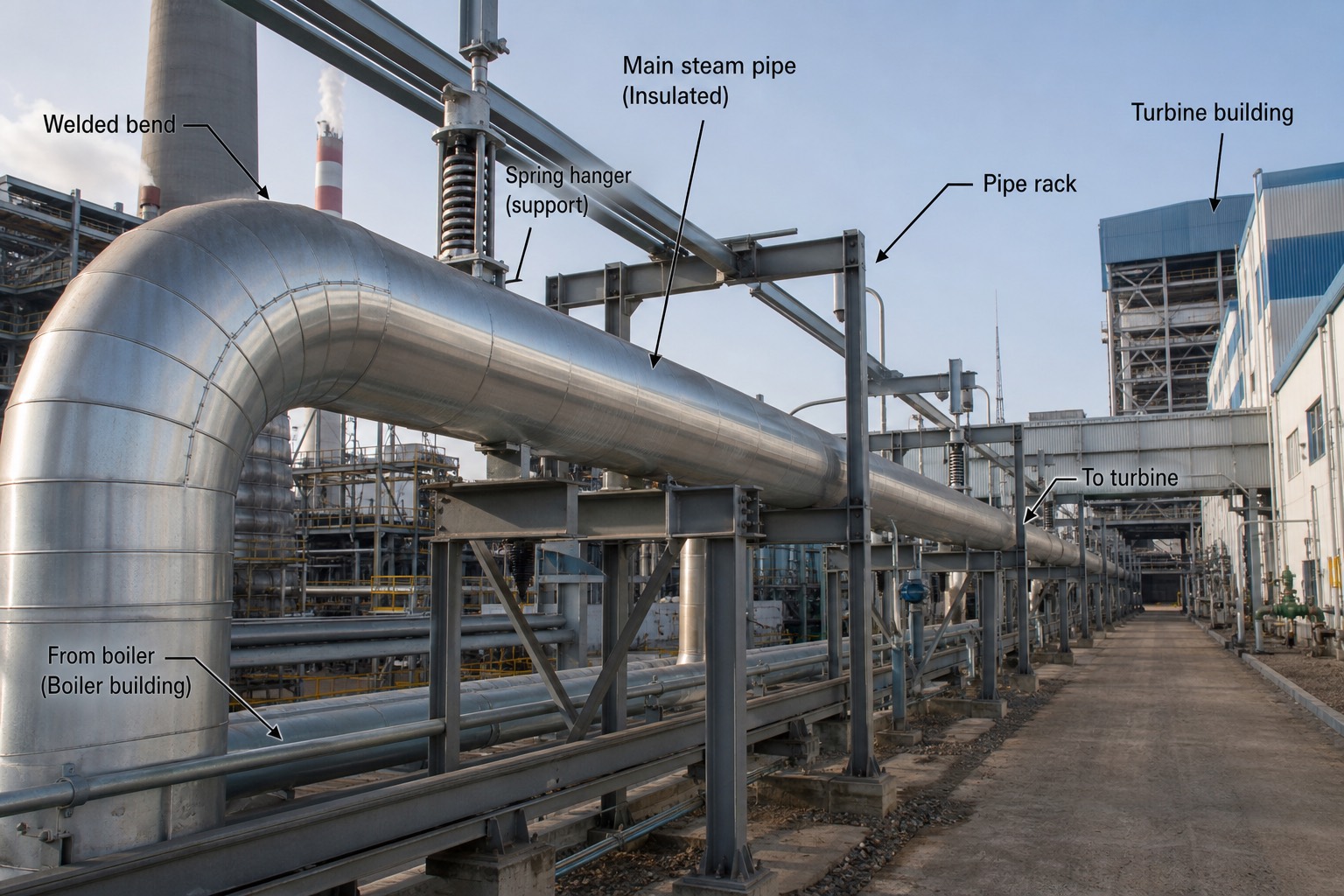 ท่อ main steam หุ้มฉนวนขนาดใหญ่พร้อม spring hanger และข้องอเชื่อม เดินจากอาคารหม้อไอน้ำไปอาคาร turbine