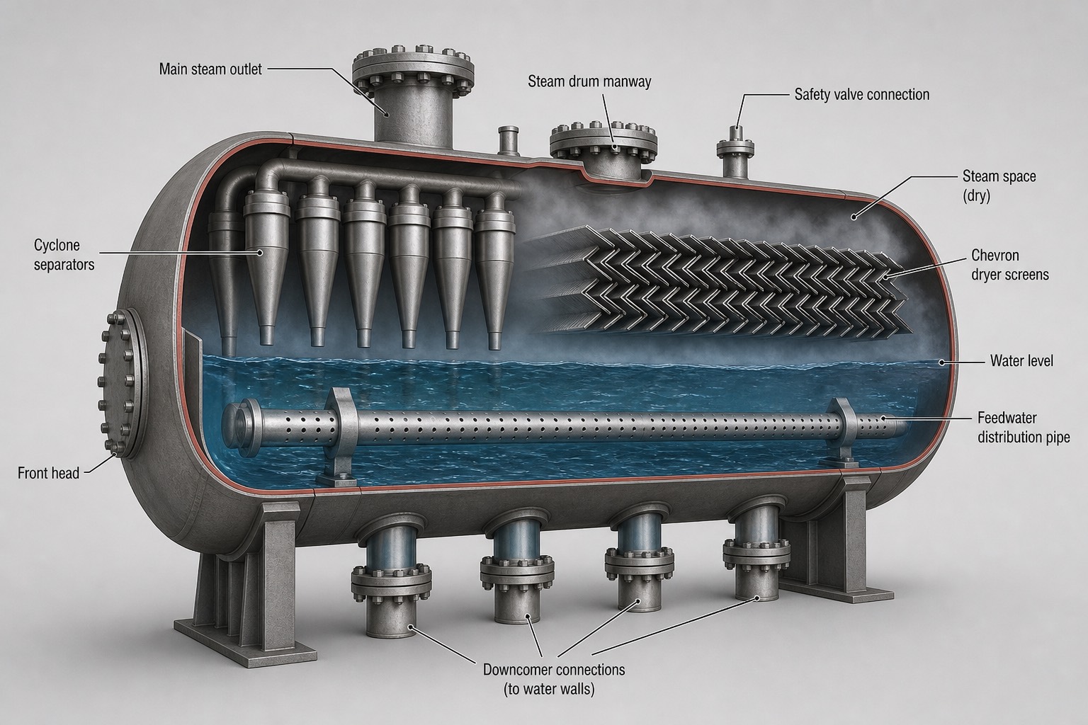 ภาพตัดขวาง 3 มิติของ steam drum แสดง cyclone separator, chevron dryer, ท่อกระจายน้ำป้อน และจุดต่อ downcomer
