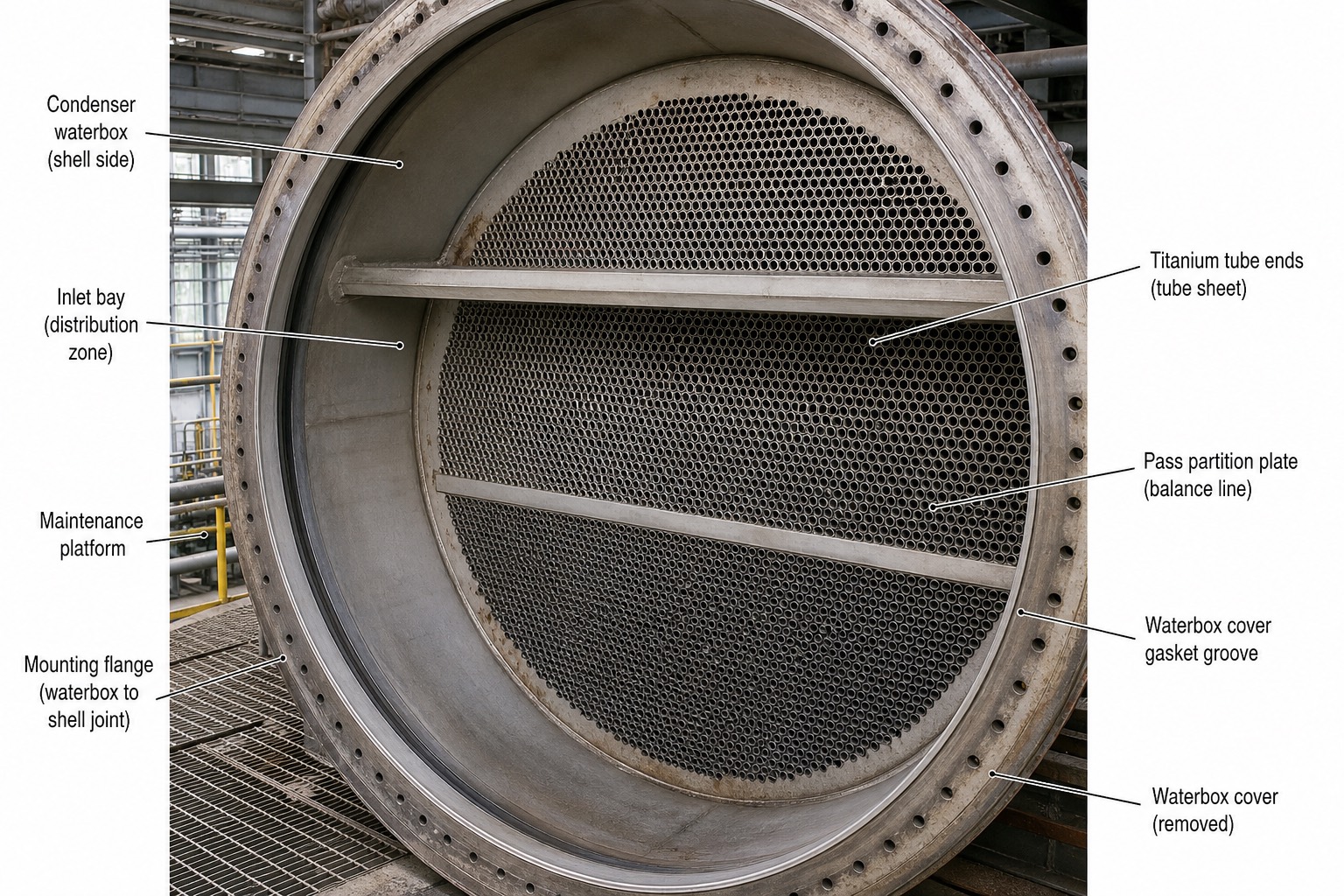 tube sheet ของ condenser แสดงท่อไทเทเนียมนับพันท่อเรียงเป็นระเบียบ มองจากในตัว waterbox ระหว่างหยุดเดินเครื่อง