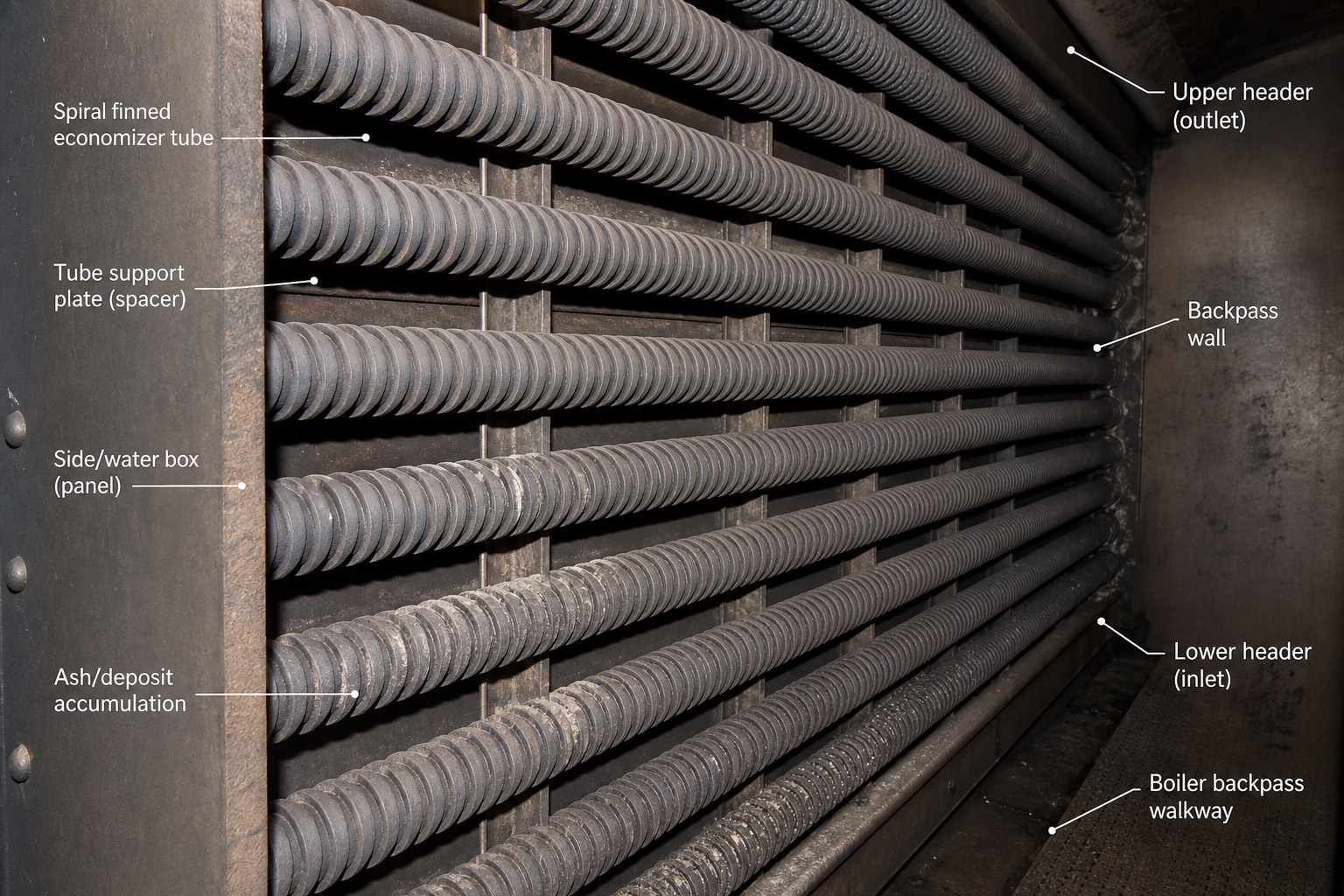 ท่อ economizer แบบ spiral fin เรียงแถวภายใน backpass ของ boiler ระหว่างหยุดเดินเครื่อง มีคราบเถ้าเกาะเล็กน้อย