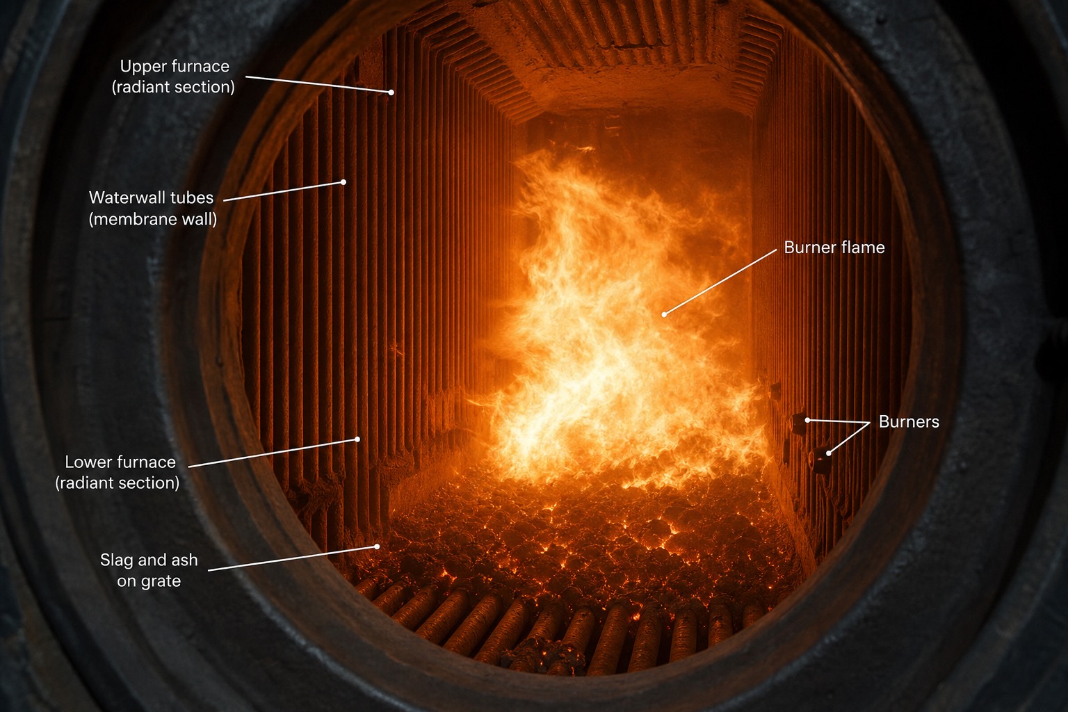 ภายใน furnace ของ boiler ขณะเดินเครื่อง มองผ่านช่องตรวจ เห็นเปลวไฟส้มลุกโชนและท่อ waterwall ผนังเตา