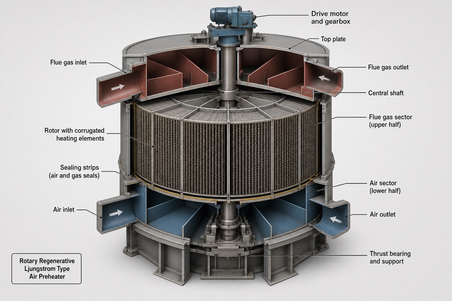 ภาพตัด 3 มิติของ air preheater แบบ Ljungstrom rotor ทรงกระบอกแนวตั้งบรรจุ heating element ลูกฟูก มีช่องแก๊สและอากาศแยกบนล่าง