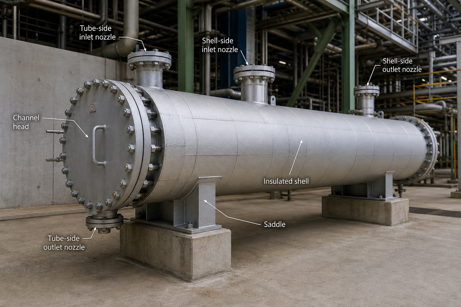 shell-and-tube heat exchanger แนวนอนหุ้มฉนวน ติดตั้งบนฐานคอนกรีตในโรงไฟฟ้า มองมุมสามส่วนสี่