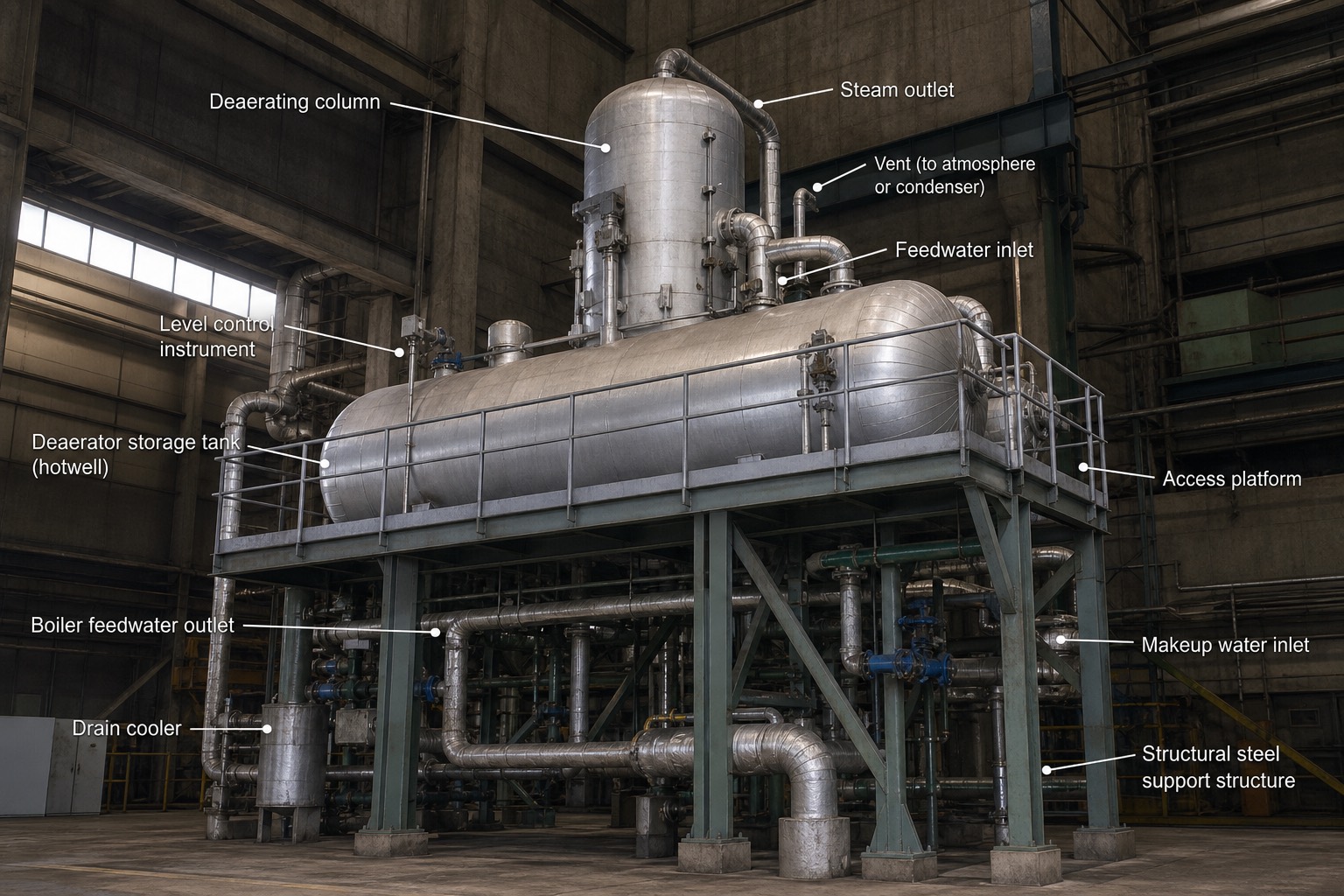 deaerator และ storage tank ติดตั้งบนโครงสร้างยกสูงในโรงไฟฟ้า พร้อมป้ายกำกับ deaerating column, steam outlet, feedwater inlet