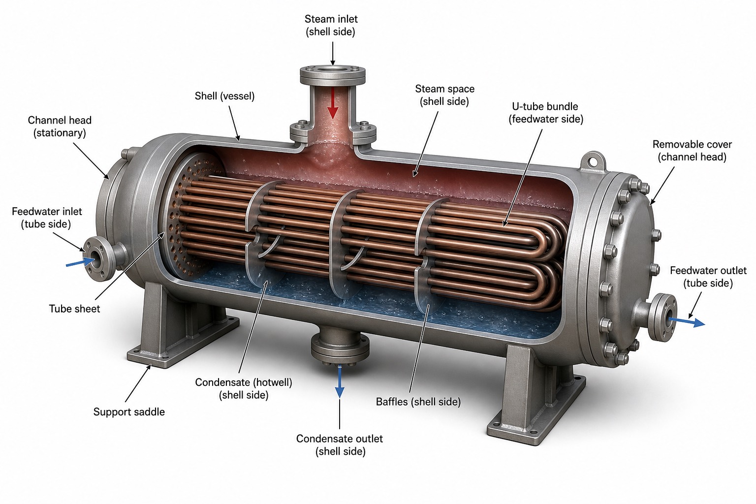 ภาพตัด closed feedwater heater แบบ shell-and-tube แสดง U-tube bundle ภายใน พร้อมป้ายกำกับ steam inlet, tube sheet, baffles