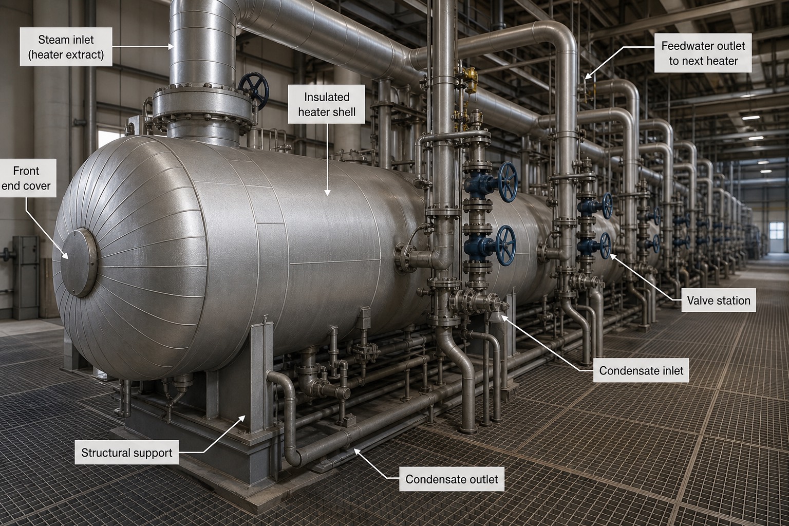 แถว HP feedwater heaters ในโรงไฟฟ้า พร้อมป้ายกำกับ steam inlet, insulated heater shell, valve station