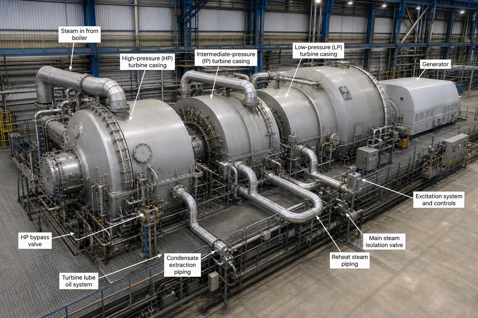 ชุด steam turbine-generator ในอาคาร turbine hall ของโรงไฟฟ้าพลังความร้อน มีป้ายกำกับ HP/IP/LP turbine casing และ generator