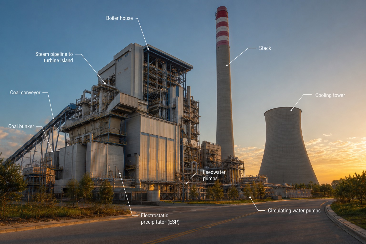 โรงไฟฟ้าถ่านหิน ultra-supercritical ยุคใหม่ มุมกว้างช่วงเวลา golden hour พร้อมป้ายกำกับ boiler house, stack, cooling tower