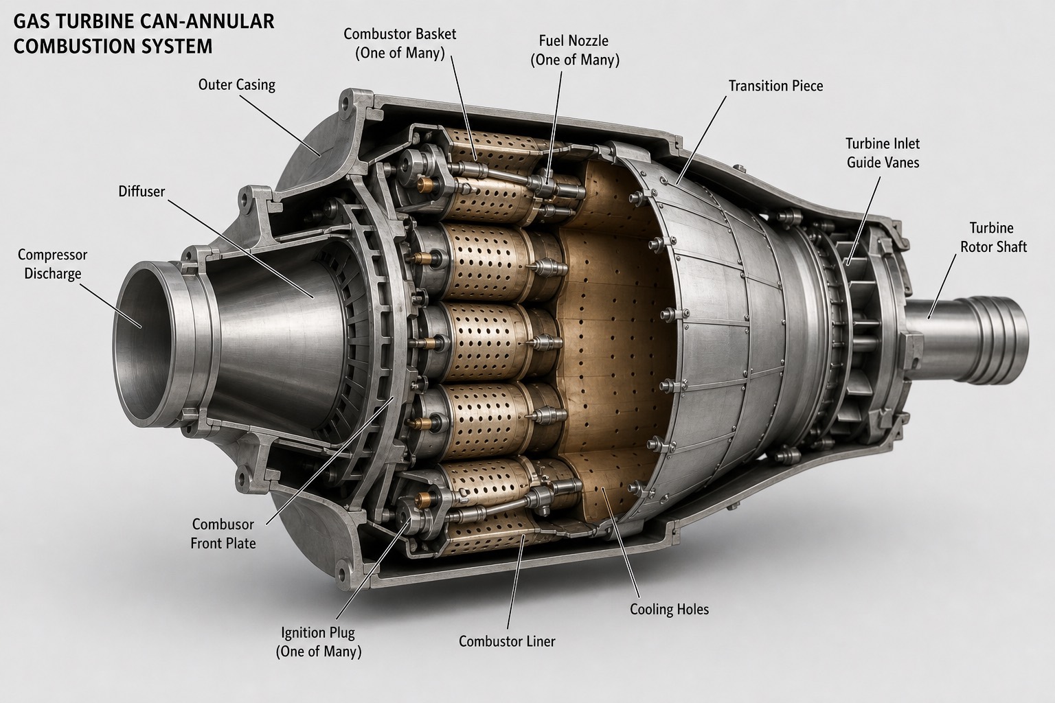 ภาพตัดระบบ combustor แบบ can-annular ของ gas turbine พร้อม fuel nozzle และ transition piece มีป้ายกำกับชิ้นส่วน