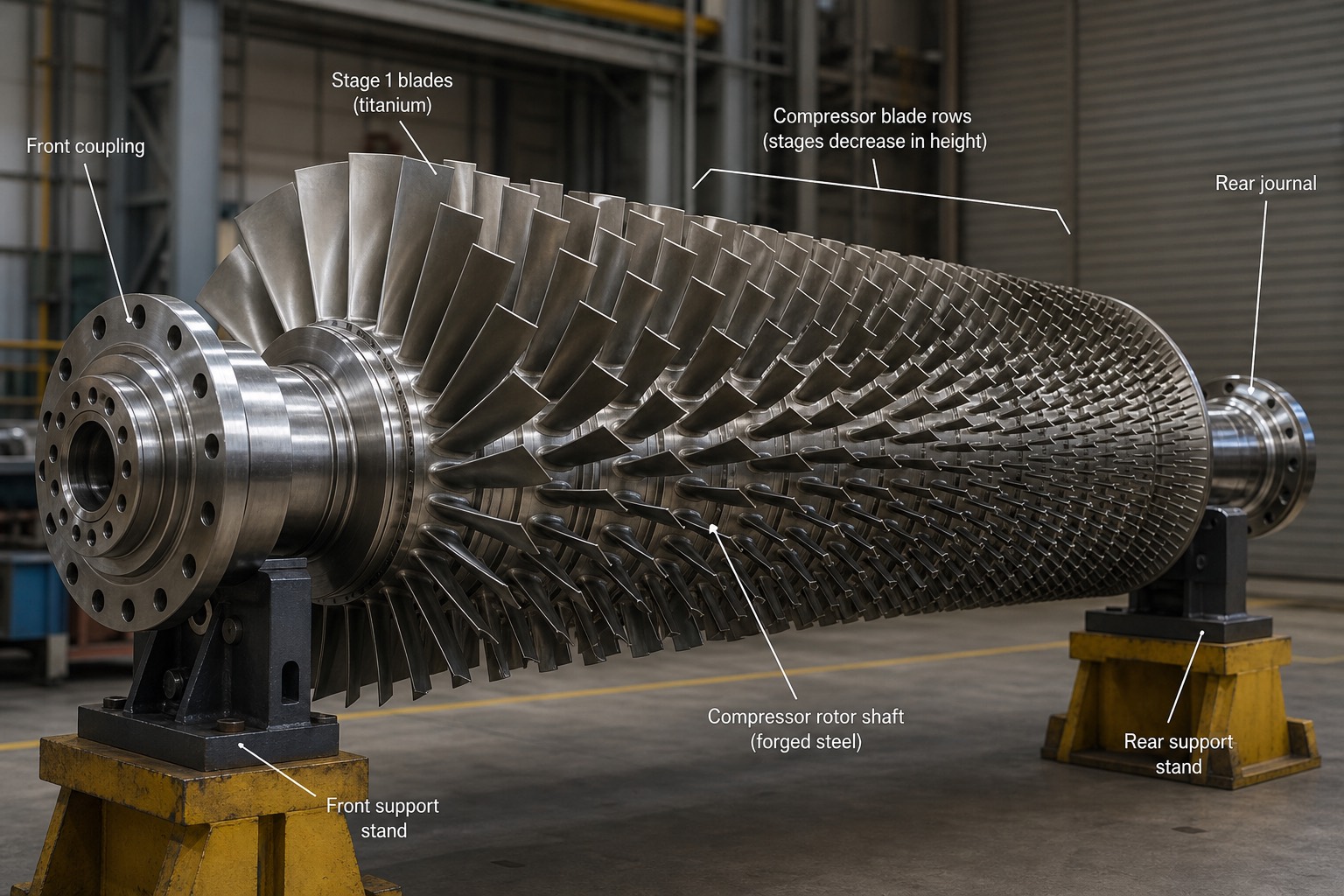 rotor ของ axial compressor ของ gas turbine ขนาดใหญ่วางบนขาตั้งในโรงงาน พร้อมป้ายกำกับชิ้นส่วน