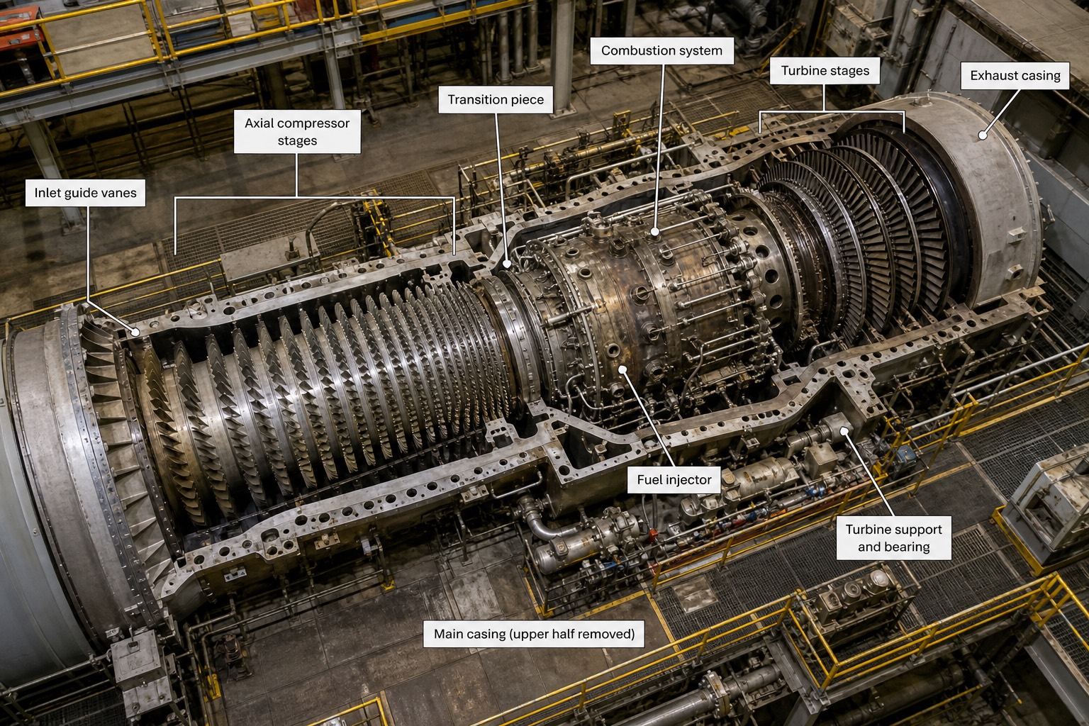 heavy-duty gas turbine เปิดฝา casing บน เห็น compressor หลายชั้นและส่วน combustor พร้อมป้ายกำกับชิ้นส่วนหลัก