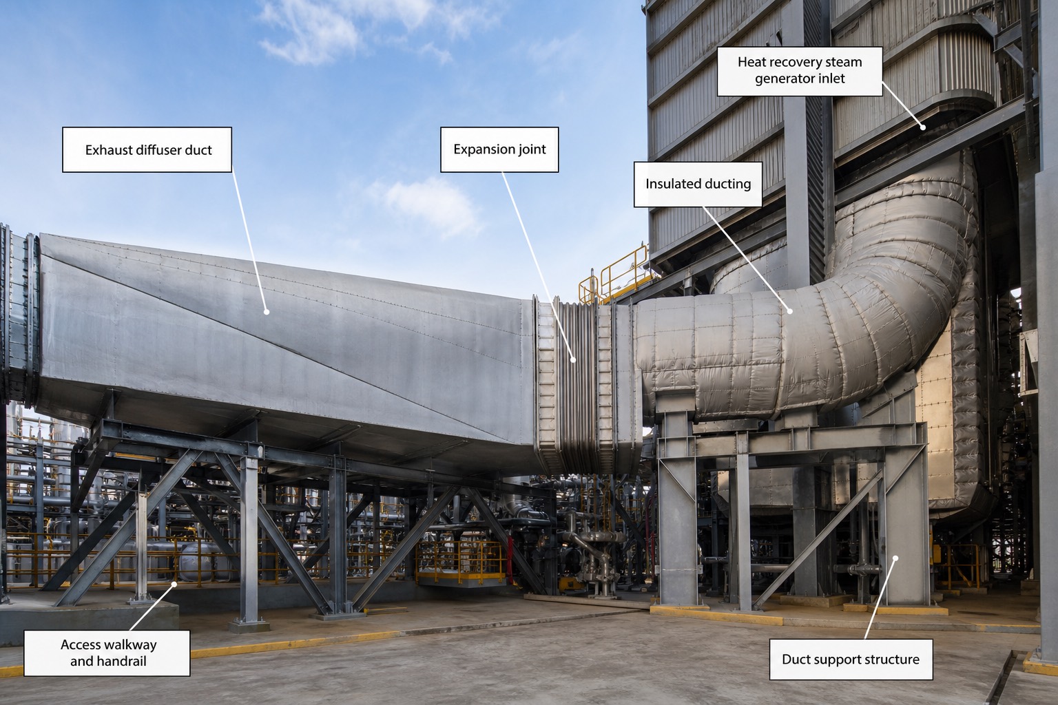 ท่อไอเสียของ gas turbine เชื่อมต่อเข้าทางเข้า heat recovery steam generator ในโรงไฟฟ้าพลังความร้อนร่วม พร้อมป้ายกำกับ