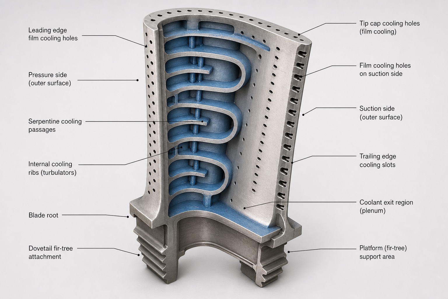 ภาพตัดใบพัด turbine ชั้นแรกแสดงช่องระบายความร้อนภายในแบบ serpentine และรูระบายความร้อนบนผิวใบพัด พร้อมป้ายกำกับ