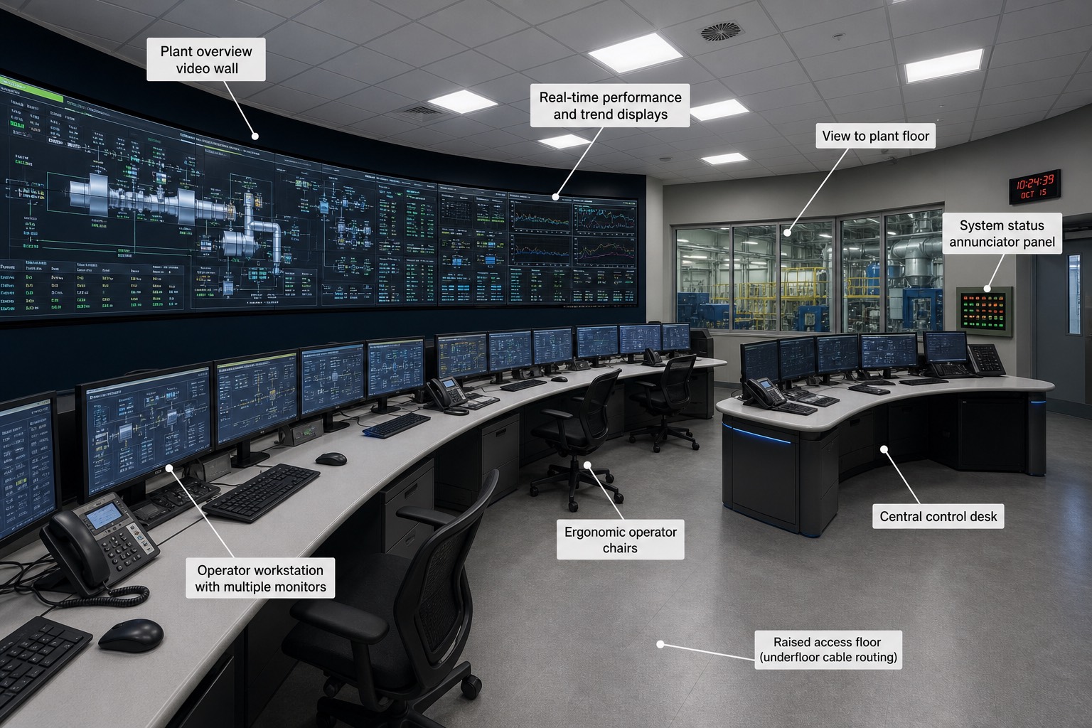 ห้องควบคุมกลางของโรงไฟฟ้า combined cycle สมัยใหม่ พร้อมจอภาพรวมโค้งขนาดใหญ่และแถวคอนโซล operator พร้อมป้ายกำกับ