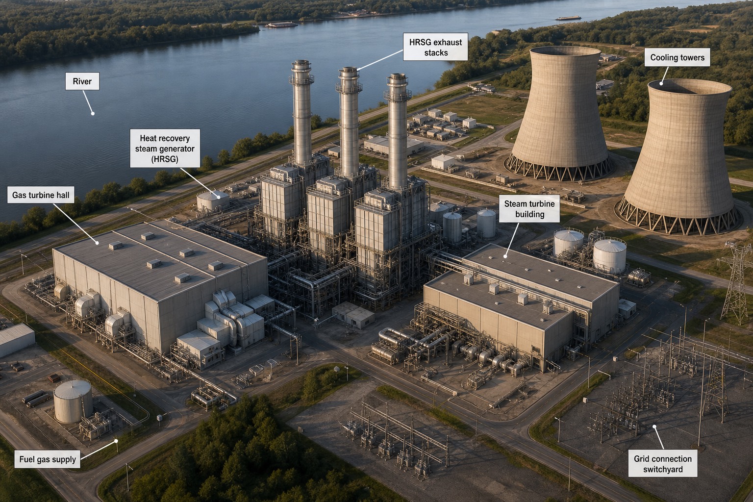 โรงไฟฟ้า combined cycle มุมสูง แสดง gas turbine hall, HRSG พร้อมปล่อง, อาคาร steam turbine และหอหล่อเย็น พร้อมป้ายกำกับ