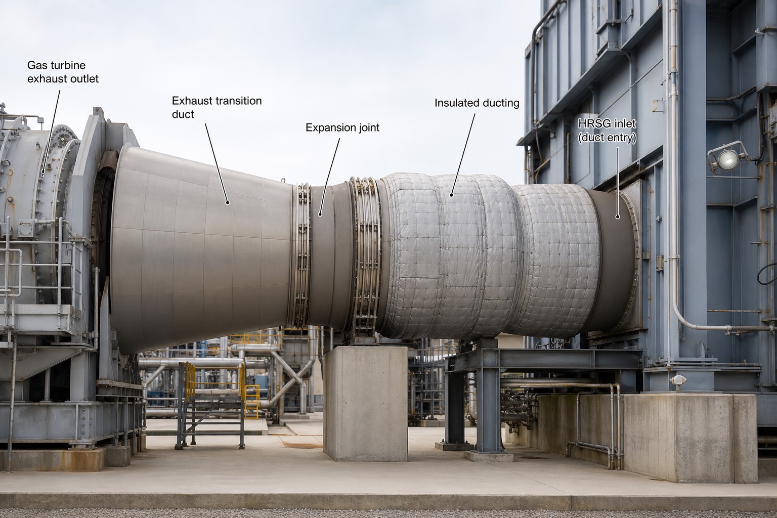 ท่อ exhaust transition duct เชื่อมต่อจาก gas turbine เข้าสู่ทางเข้า heat recovery steam generator พร้อมป้ายกำกับ