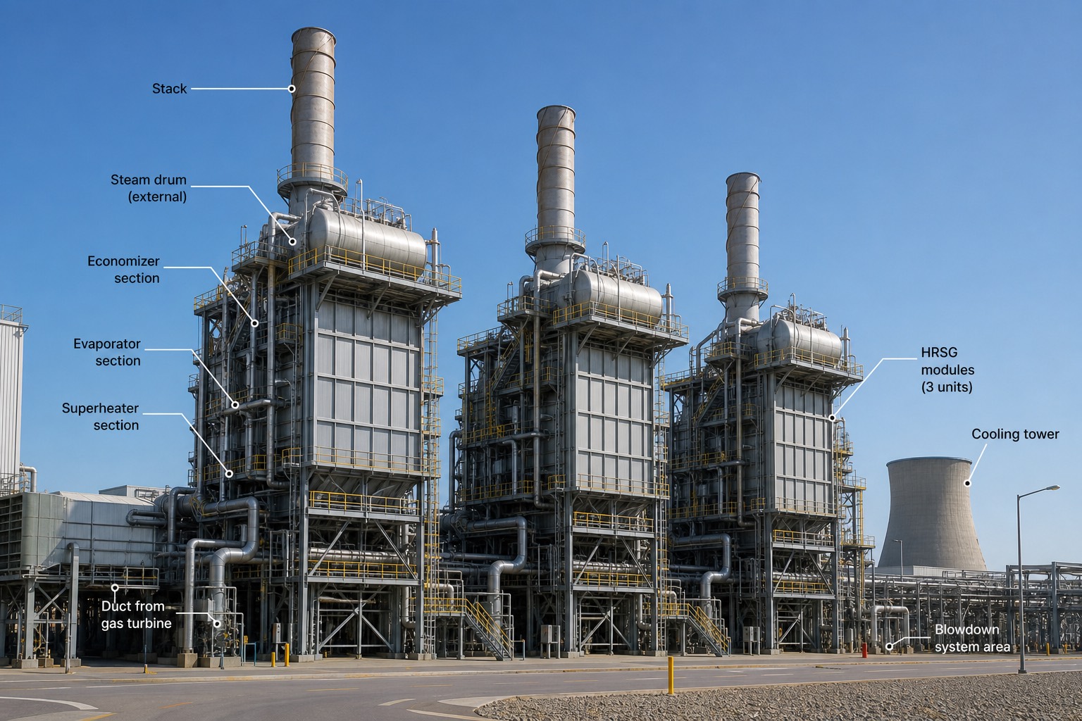 แถว heat recovery steam generator สามชุดพร้อม steam drum และปล่องที่โรงไฟฟ้า combined cycle พร้อมป้ายกำกับ
