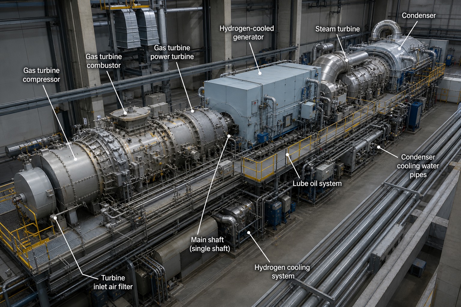 ชุด single-shaft combined cycle train ในอาคาร turbine hall แสดง gas turbine ต่อกับ hydrogen-cooled generator และ steam turbine บนเพลาเดียว พร้อมป้ายกำกับ