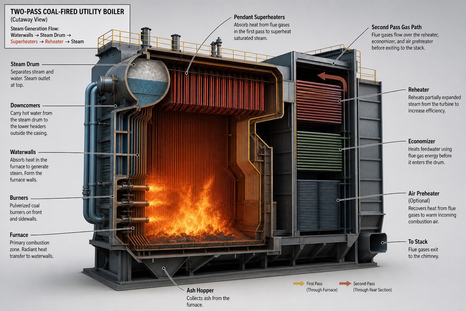 ภาพตัด cutaway ของ boiler แบบ two-pass เผาถ่านหิน แสดง furnace, steam drum, downcomer, superheater, reheater และ economizer ใน backpass พร้อมป้ายกำกับและคำอธิบาย