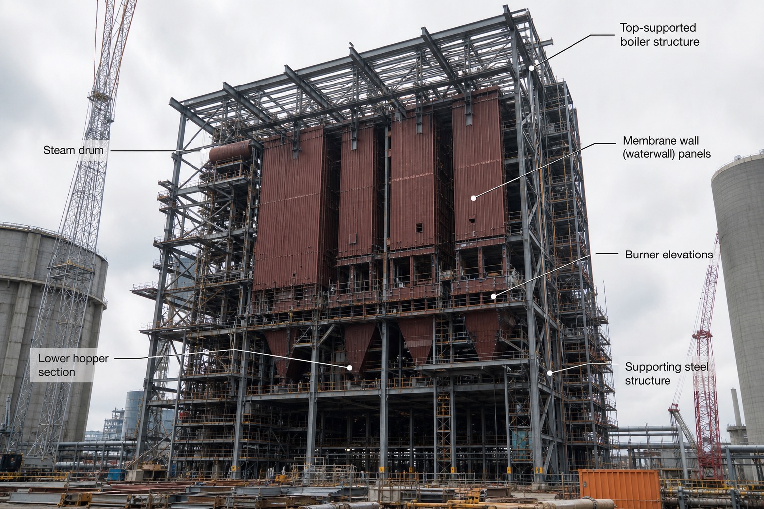 โครงสร้าง boiler ขนาดใหญ่แบบ top-supported ระหว่างก่อสร้าง เห็นแผง membrane waterwall แขวนจากโครงเหล็กด้านบน พร้อมป้ายกำกับ