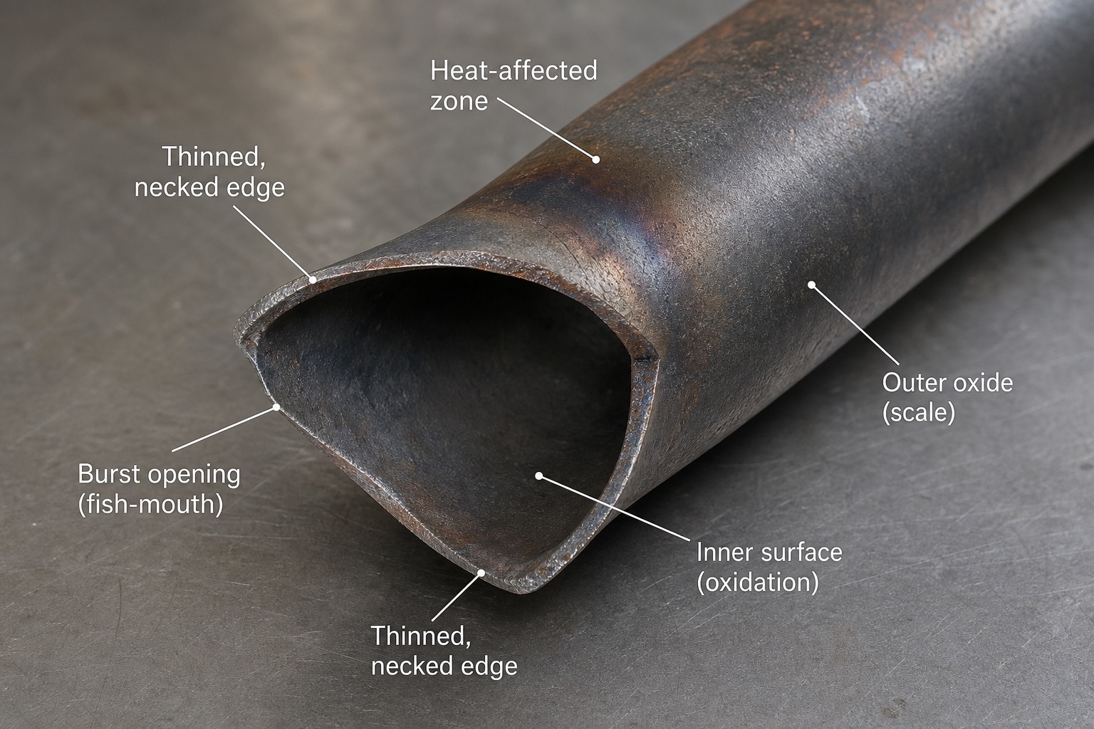 ท่อ boiler ที่แตกแบบ fish-mouth ขอบบางจาก short-term overheating วางบนโต๊ะตรวจสอบ มุมมองใกล้เห็นรายละเอียดขอบที่แตก พร้อมป้ายกำกับ