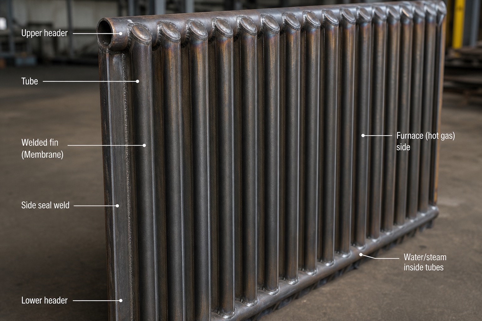 แผง membrane waterwall แสดงท่อขนานเชื่อมครีบต่อกันเป็นผนังกันก๊าซรั่ว มุมมองใกล้เห็นรายละเอียดท่อและครีบ พร้อมป้ายกำกับ